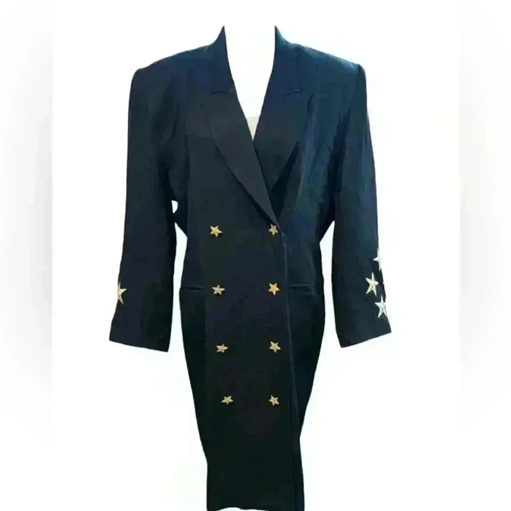 Solini New York Women’s Long Black Blazer Double Breasted Gold Stars Accents